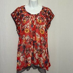 Figueroa & Flower Red Floral Short Sleeve Blouse  XL